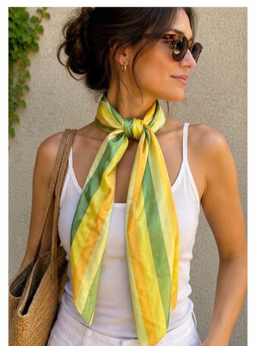 Vintage Italian 100% Silk Scarf 60x15.5 Green Yellow Orange Striped Long Scarf